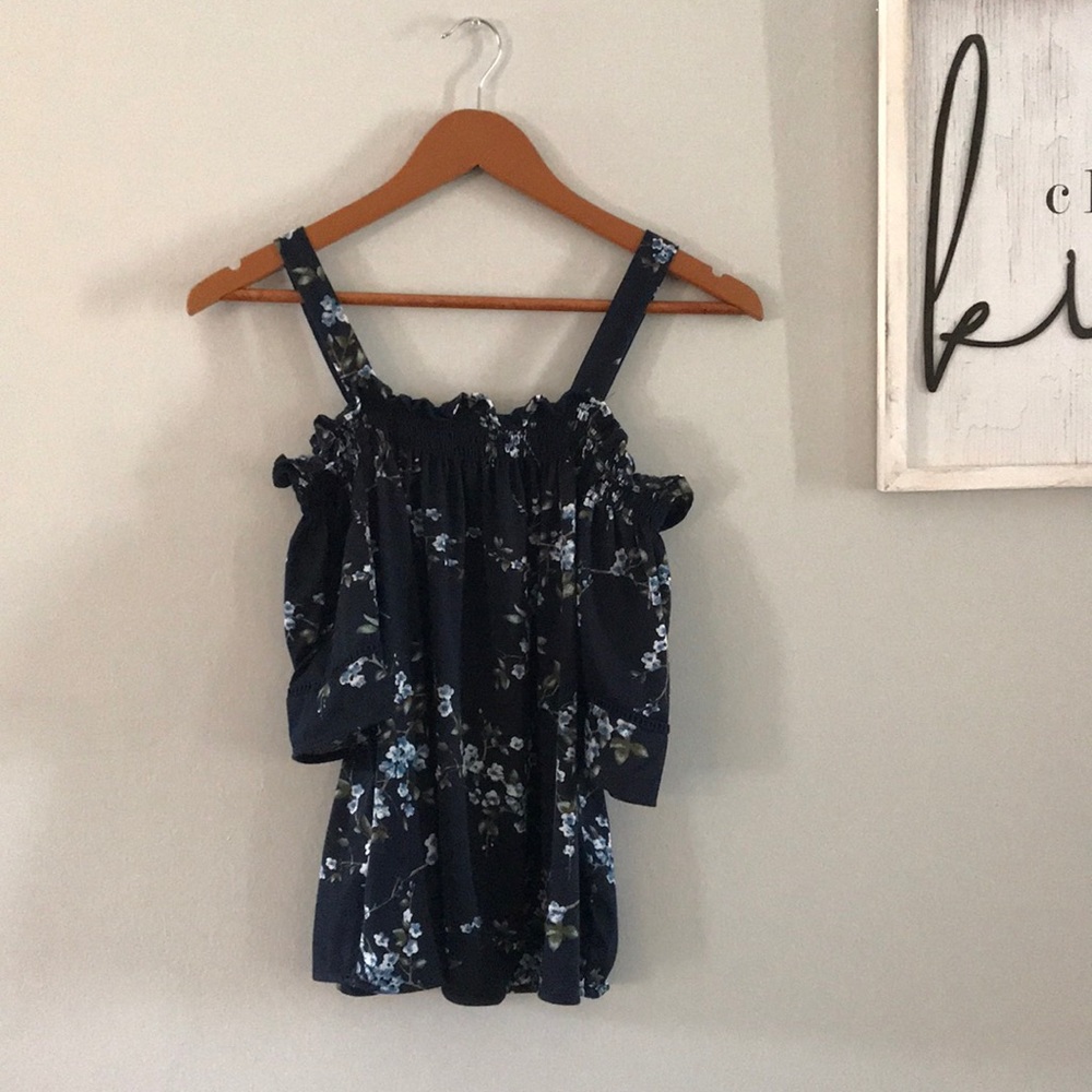 Women's Navy Blue Floral Cold Shoulder Top